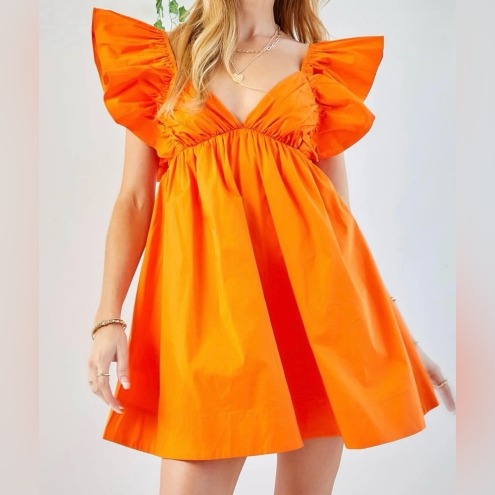 Vibrant Orange Backless Dress with Ruffle Sleeves
